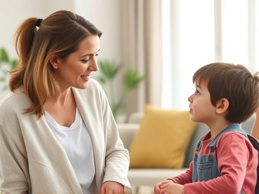 A compassionate mother gently talks to her 6-8 year old elementary school child, who looks a bit down, in a brightly lit living room, suggesting school adjustment support.