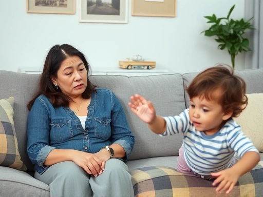 A tired mother sits on a sofa, looking thoughtful, while a playful but demanding child is nearby. The room shows signs of typical parenting challenges.