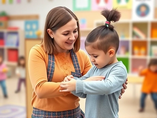 A kind kindergarten teacher gently guiding a 4-5 year old child who is showing defiant behavior, in a bright, colorful classroom setting with other children playing in the background.