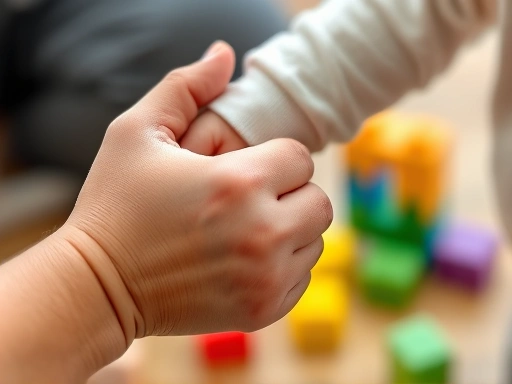A close-up shot of a parent or teacher's hand gently holding a small child's hand, conveying support and understanding during a moment of calm discipline or teaching, with building blocks in the background.