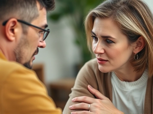 A close-up of a parent and a counselor engaged in a thoughtful conversation about child development and parenting challenges, with a focus on their expressions and the supportive interaction.