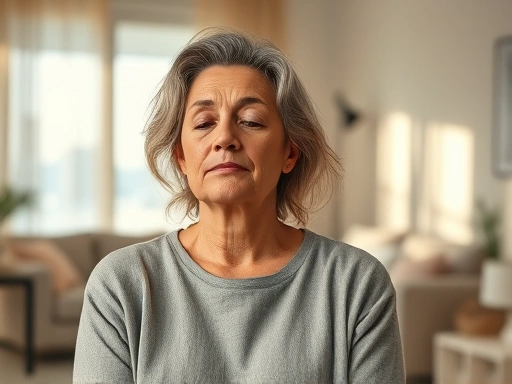 A tired but resilient mother, surrounded by soft lighting, taking a deep breath in a calm, organized living room, conveying self-care and peacefulness.