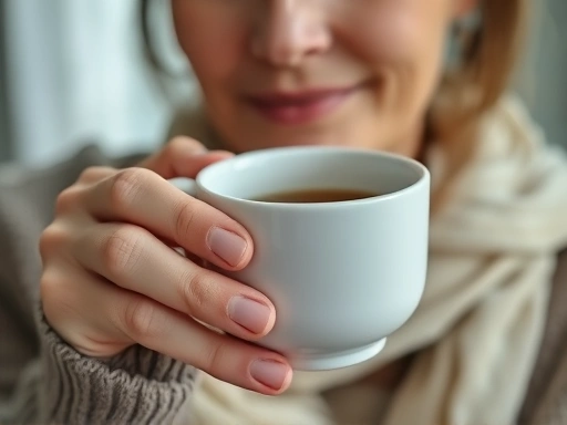 Close-up on a mother's hand holding a warm cup of tea, with a serene expression on her face, emphasizing a moment of personal rest and quiet reflection.