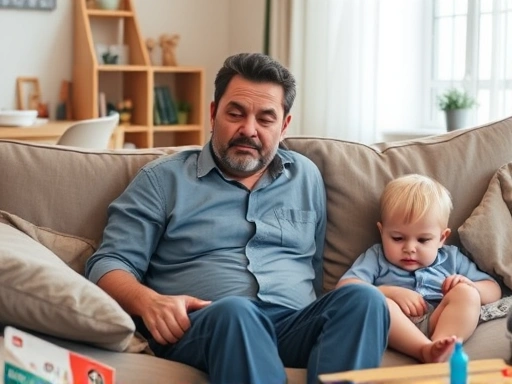 A tired parent, looking overwhelmed and exhausted, sitting on a sofa with a child playing nearby, surrounded by daily life clutter, symbolizing career and personal life struggle.
