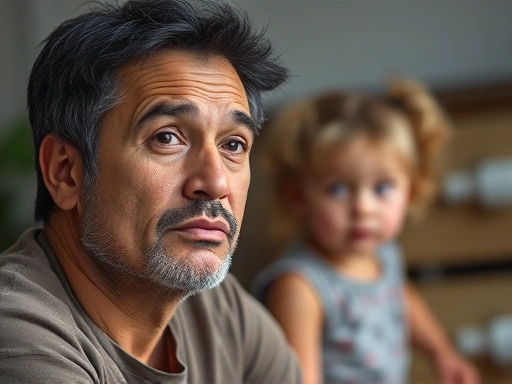 A parent looking thoughtful and resilient while a child plays in the background, subtly representing parental challenges and wisdom.