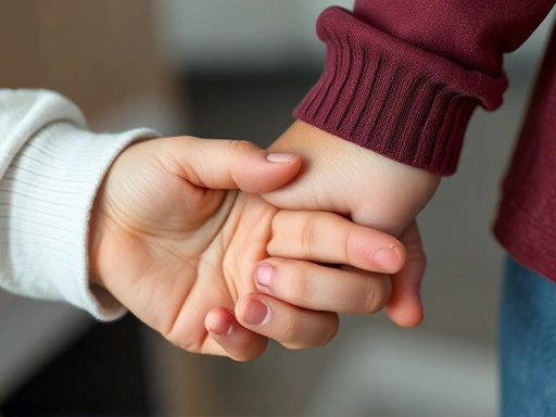 Close-up of a parent's hands gently holding a child's hand, conveying support and understanding amidst social challenges.