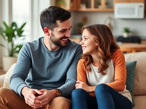 A parent and child sitting together, smiling and having a warm conversation, representing improved communication and connection in a cozy home setting.