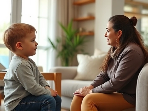 A concerned parent gently talking to a 4-year-old child in a living room, focusing on understanding and communication regarding lying and exaggeration. The atmosphere is warm and supportive.