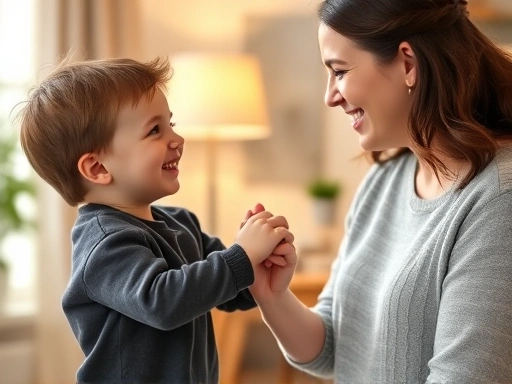A parent gently holding their child's hand, looking at them with a loving smile, in a soft, warm indoor setting, symbolizing unique individual growth and bond in parenting.
