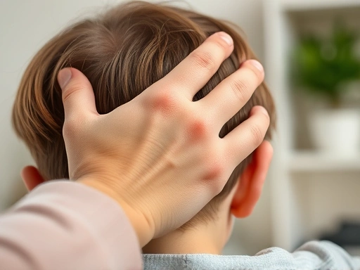 Close-up of a parent's hand gently caressing a child's hair, showcasing comfort, acceptance, and the unique bond, with a blurred, soft home background.