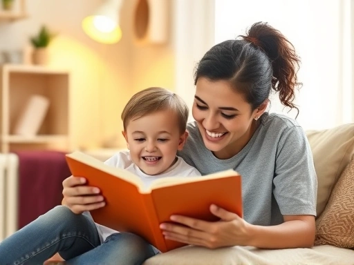 A warm, inviting image of a parent and child interacting positively, perhaps reading together or engaged in a calm activity, showing growth and harmony in a nurturing home environment.