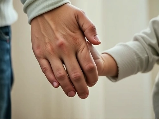 Close-up of a parent's hand gently holding a child's hand, symbolizing reconciliation and reconnection after a conflict, with soft, comforting lighting.