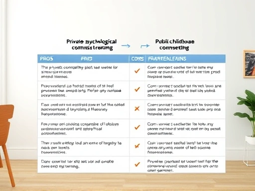 A detailed comparison table showing the pros and cons of private psychological counseling versus public childcare counseling for parents. The scene depicts a calm, informative setting with clear distinctions.