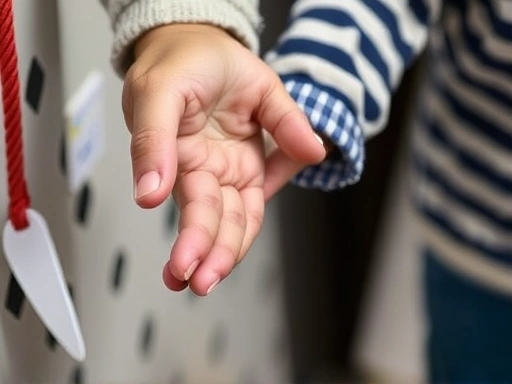 A close-up shot of a parent's hand gently guiding their toddler's hand away from a forbidden item, focusing on the careful interaction and clear boundary setting.