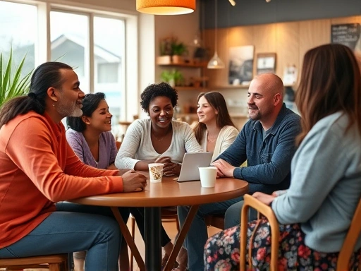 A warm, supportive group of diverse parents sitting together in a comfortable, bright cafe setting, talking and sharing experiences, emphasizing community and understanding.