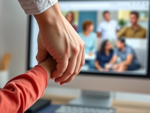 A close-up of a parent's hands gently holding a child's hand, with a blurred background of a computer screen showing an online forum or group chat, symbolizing support and connection.