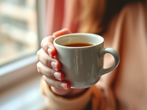 A close-up of a parent's hand holding a warm cup of coffee, with soft light filtering through a window, symbolizing a moment of quiet personal recharge amidst daily life.
