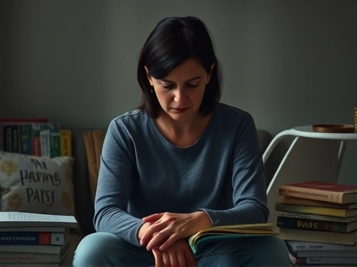 A parent sitting alone, looking distressed and reflective, with soft, muted lighting creating a mood of introspection and guilt, surrounded by parenting books.