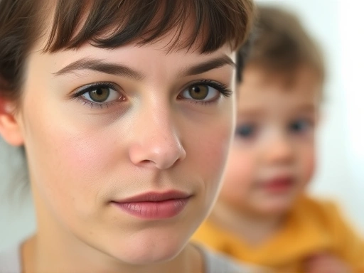 Close-up of a parent's calm, neutral face while a child is in the background, illustrating the deliberate act of ignoring attention-seeking behavior, focus on controlled facial expressions.