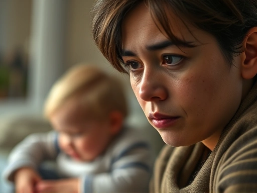 A parent looking overwhelmed but finding a moment of quiet reflection, with a child playing softly in the blurred background, soft lighting, focus on emotional complexity, realistic style.