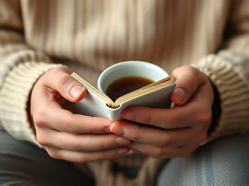 Close-up of a parent's hands gently holding a small journal or a cup of tea, conveying self-care and quiet introspection, soft focus, warm tones, realistic style.