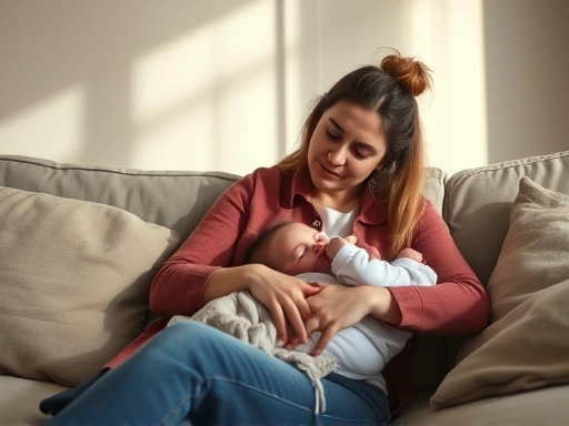A tired but hopeful mother is sitting on a sofa, looking at her baby sleeping peacefully, surrounded by soft lighting, representing the quiet moments of self-care. It should evoke empathy and gentle hope.