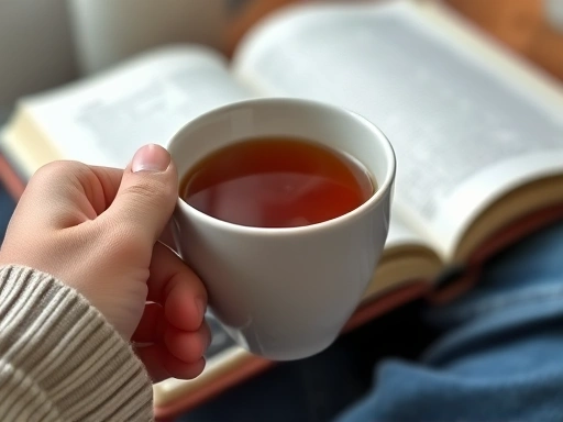 Close-up of a parent's hand holding a steaming cup of tea, with a blurred book or journal in the background, symbolizing a short, personal break and self-care amidst the daily challenges of parenting.