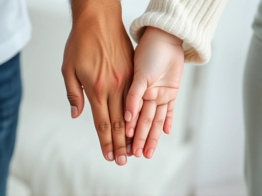 A close-up of a diverse set of hands, one male and one female, gently holding a small child's hand, symbolizing unified parenting, with a soft, comforting background.
