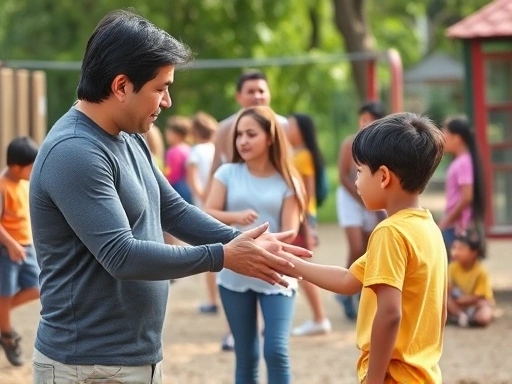 A concerned parent calmly intervening in a playground bullying situation, separating two children, with a diverse group of children playing in the background.