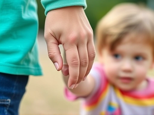 Close-up of a parent's hand gently guiding a child, with another child's blurry face in the background, symbolizing gentle intervention and guidance after a playground incident.