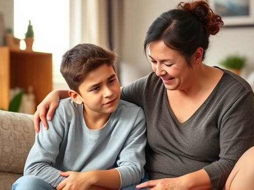 A caring parent comforting their sensitive 12-year-old child, who is visibly anxious about middle school transition, in a warm, supportive home environment, emphasizing emotional support.