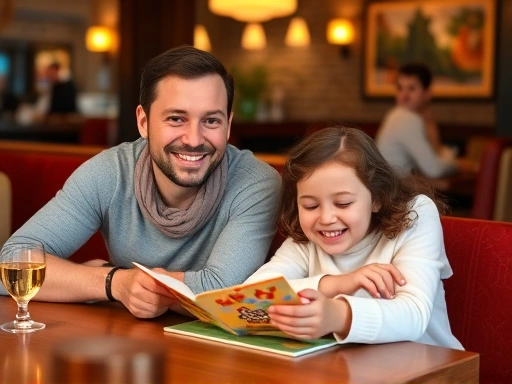 A family with a young child happily seated at a restaurant table, the child is quietly engaged with a small activity book, parents smiling warmly in a cozy dining setting.