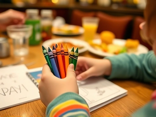 Close-up of a child's hands holding colorful crayons and a small activity book at a restaurant table, with a blurred background showing a dining setting with food and drinks.