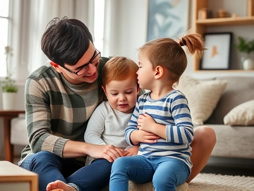 A parent calmly comforting a frustrated toddler who is having a tantrum, with a supportive and understanding atmosphere in a cozy living room, emphasizing emotional regulation and parenting.
