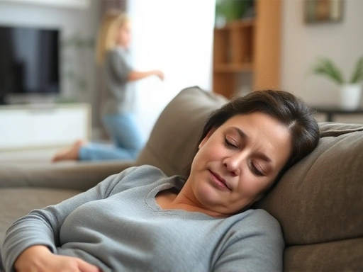 A tired parent, a woman, is resting on a sofa, eyes closed, with a peaceful expression, surrounded by a calm, softly lit living room while her child plays quietly in the background.