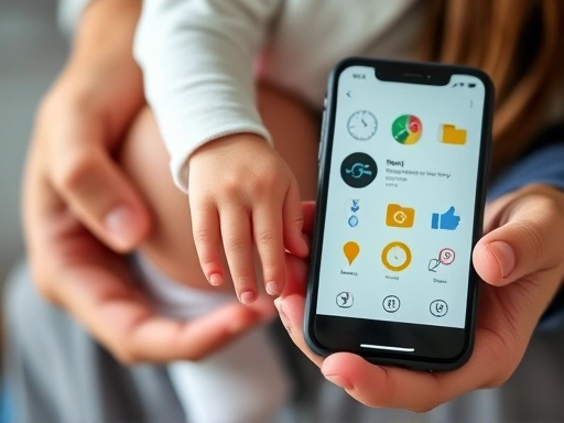 Close-up of a parent's hands, one holding a baby's tiny hand, the other holding a smartphone with work-related icons, symbolizing the struggle of balancing parenthood and social/professional life.