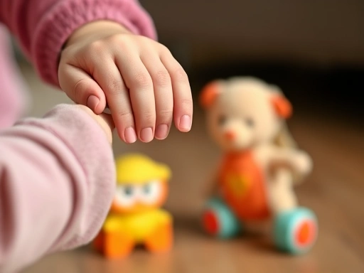 Close-up of a parent's hand gently guiding a toddler's hand towards a choice of two toys, showing communication and giving limited options during a potential tantrum scenario, child development focus.