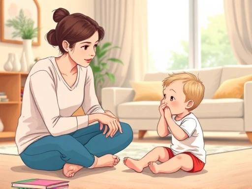 A detailed illustration of a parent patiently listening to their 18-24 month old toddler who is sitting on the floor, expressing frustration, in a bright, calm living room setting, conveying understanding and guidance.