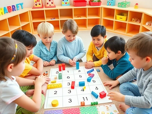 A diverse group of 5-8 year old children happily engaged in various mathematical play activities, like counting blocks, playing board games with numbers, and sorting shapes, in a bright, colorful playroom, emphasizing mathematical thinking.