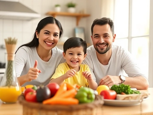 A happy 7-year-old child and their parents enjoying a healthy meal together at a brightly lit kitchen table, featuring colorful fruits and vegetables.