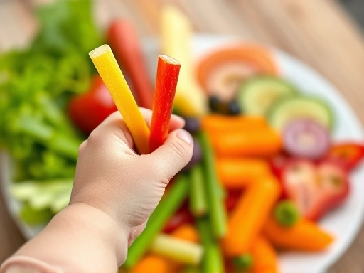 Close-up of a child's hand holding a colorful vegetable stick, with other fresh vegetables and fruits artfully arranged on a healthy eating plate in the background, focusing on vibrant colors.