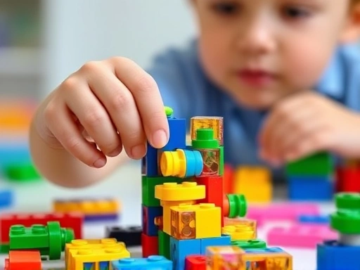 Close-up of a child's hand building a complex structure with colorful LEGO blocks, demonstrating focus and problem-solving skills, with other educational toys blurred in the background.