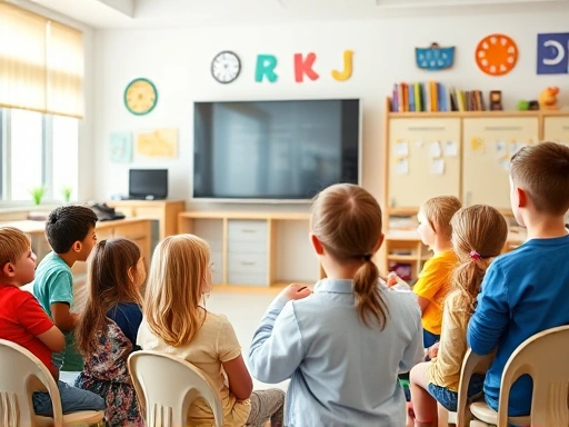 A diverse group of 6-10 year old children confidently presenting in a brightly lit, cheerful classroom, with one child at a podium and others actively listening, demonstrating good presentation skills for children.
