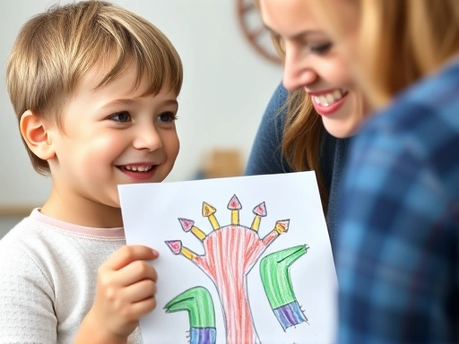 A close-up of a smiling 8-year-old child holding a colorful drawing, confidently explaining it to an encouraging adult, focusing on the child's improved presentation skills.