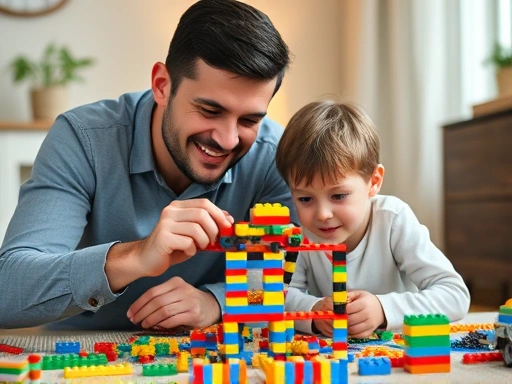 A warm, inviting scene of a parent and a 6-year-old child patiently building a complex LEGO structure together, emphasizing focus and cooperative learning for patience training.