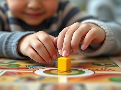 Close-up of a child's hands carefully placing a piece in a board game, showing concentration and the act of waiting their turn, with a parent's hand gently nearby, illustrating patience in play.