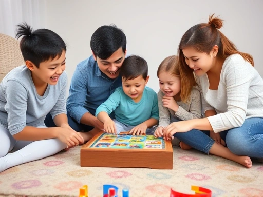 A joyful scene of a family with a child (5-12 years old) playing an educational board game together on a colorful rug. Focus on interaction and learning.