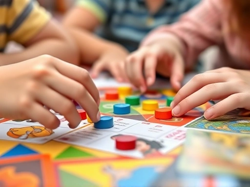 Close-up of children's hands interacting with colorful board game pieces and cards, illustrating educational gameplay and strategic thinking.