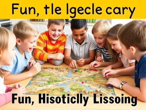 A diverse group of 7-10 year old children actively playing a historical board game with colorful pieces, laughing and engaging in a bright, playful setting, representing fun history learning.