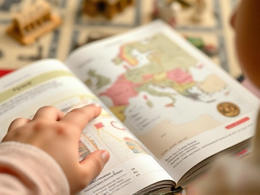 Close-up of a child's hands pointing at a historical map in an open storybook, with other history-related objects like small figurines or ancient coins subtly blurred in the background, focusing on detailed engagement.
